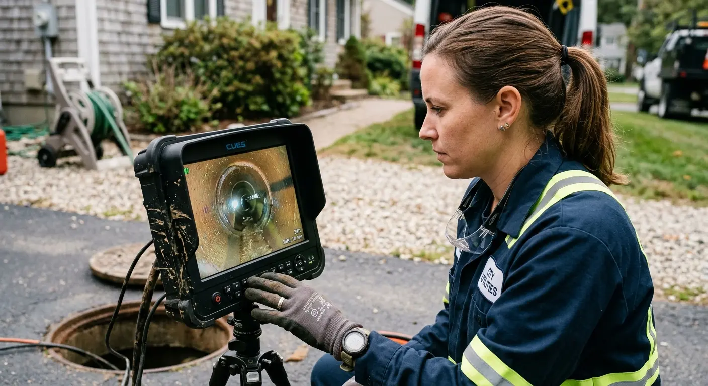 Technician reviewing sewer camera inspection footage in Indian Trail