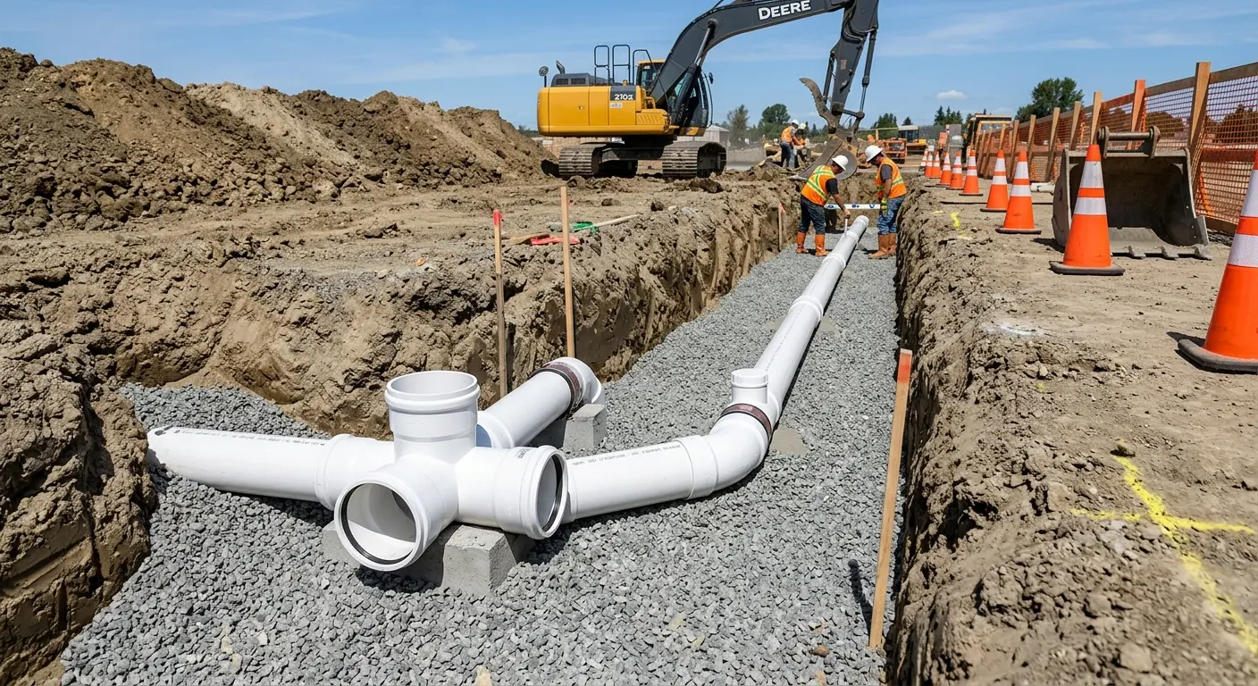 New PVC sewer pipe installation in open trench for Sewer Backup in Indian Trail