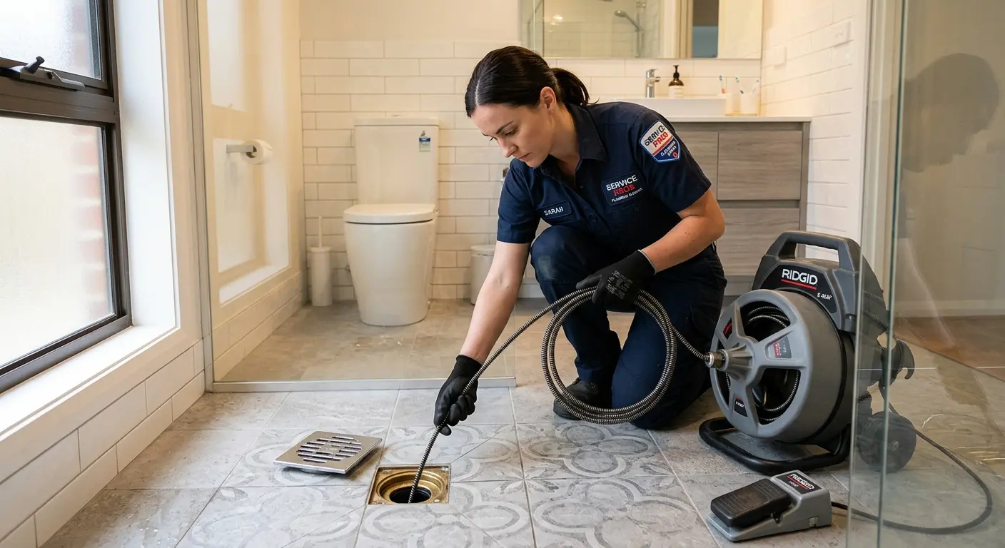 Technician clearing a bathroom floor drain for Hydro Jetting in Indian Trail